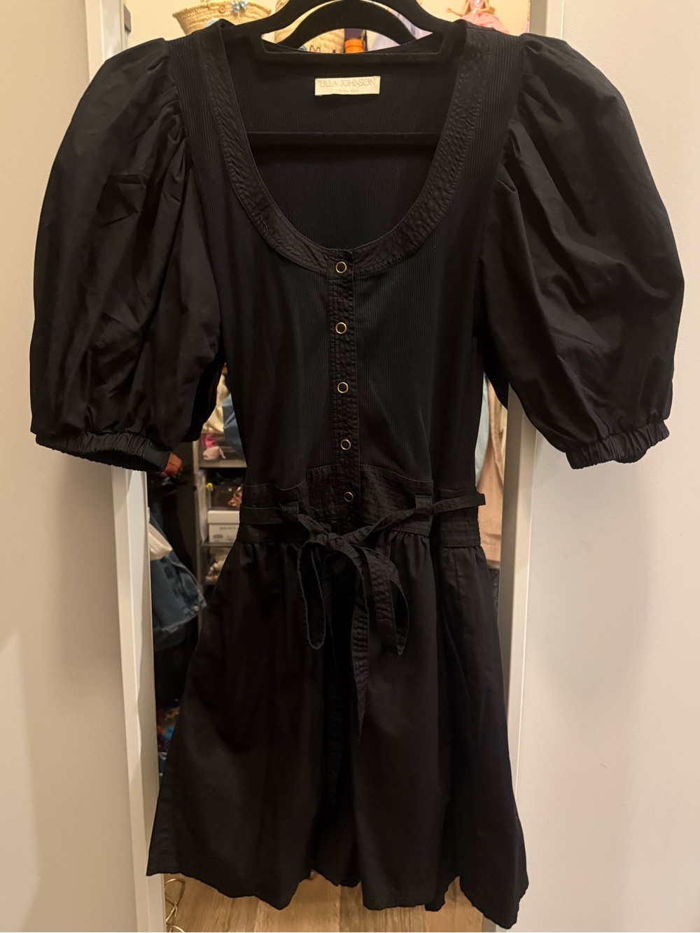 Black Puff-Sleeve Belted Romper by Ulla Johnson